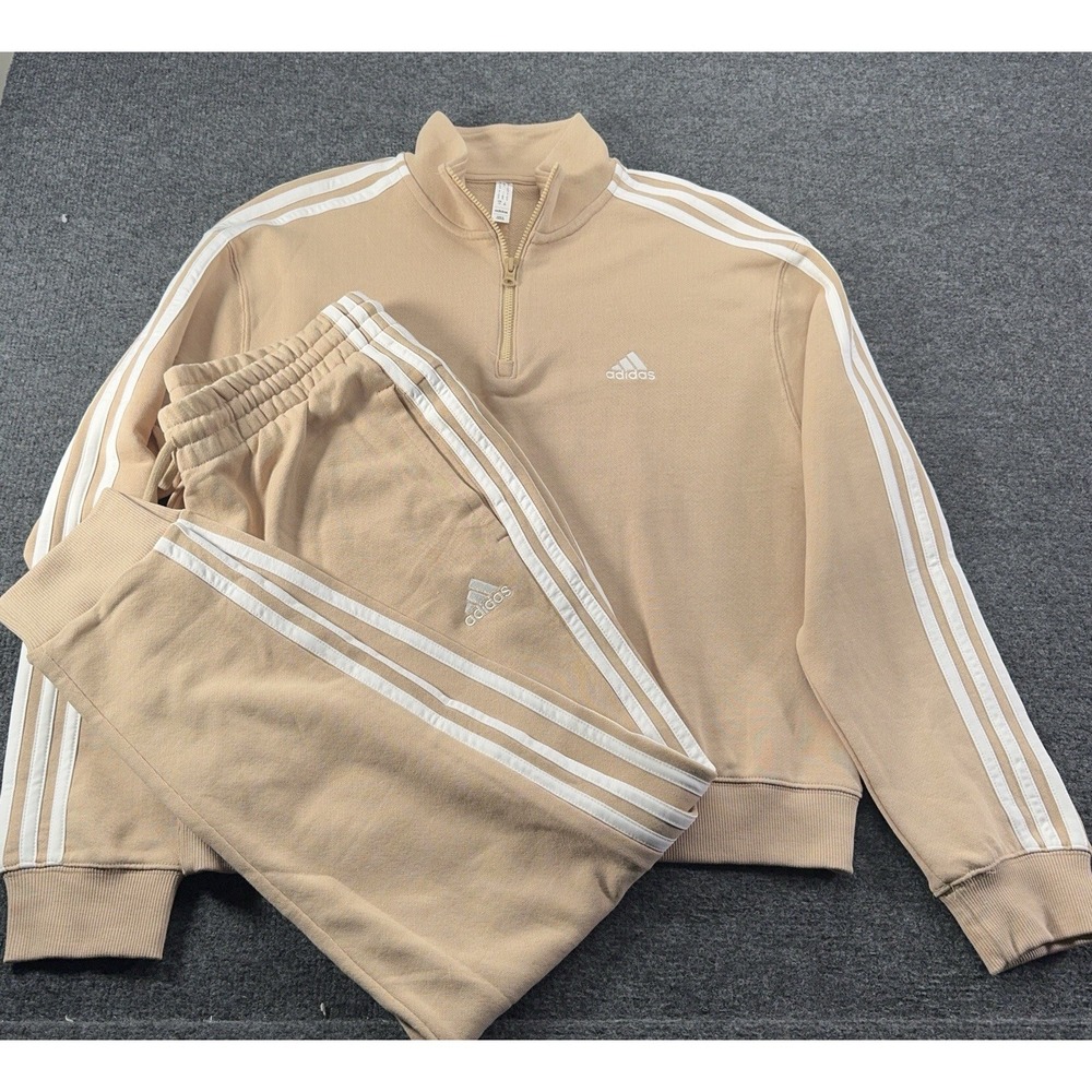 Adidas SET Women Trefoil Essentials 1/2 Zip Fleece Sweatshirt &Joggers Tan L EUC